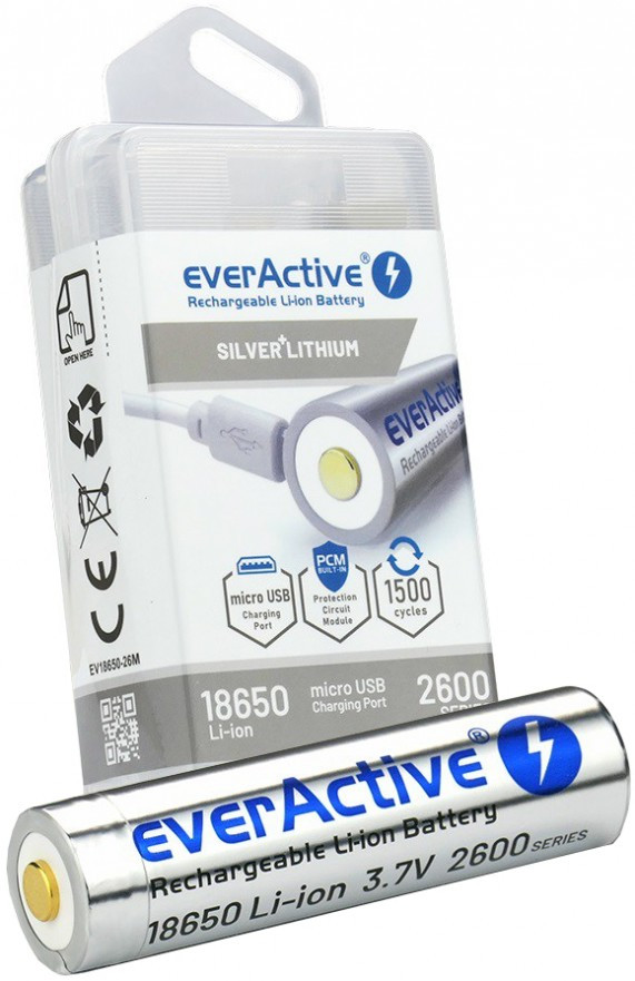 Аккумулятор everActive Silver Line 1x18650 2600 mAh micro USB (EV18650-26M)