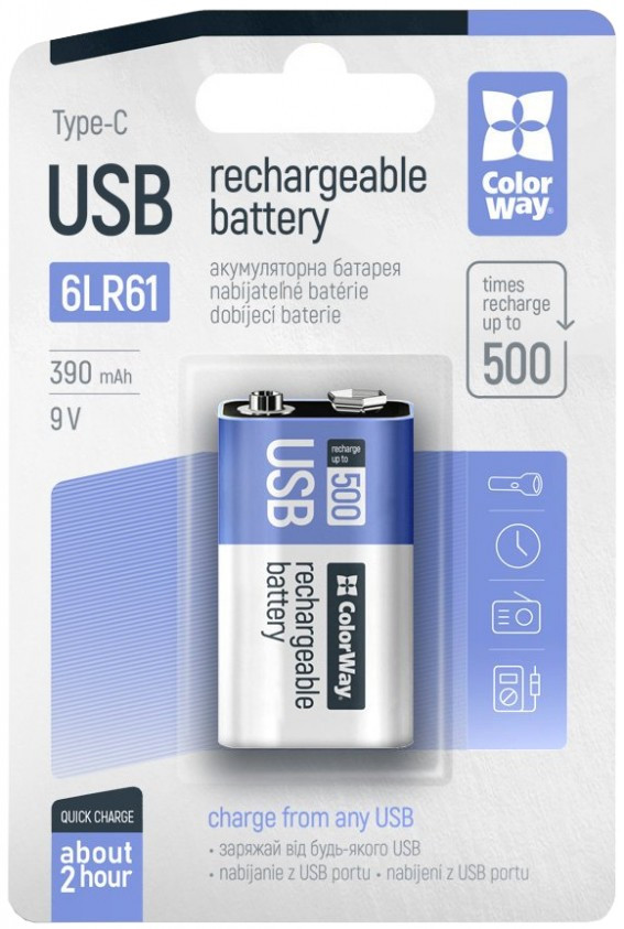 Акумулятор Крона ColorWay 1xKrona 390 mAh USB Type-C (CW-UB9V-06)