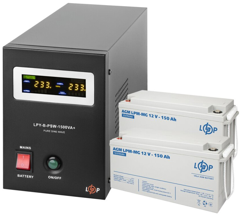 ДБЖ Logicpower LPY-B-PSW-1500VA Plus 2 x LPM-MG 12V 150 Ah 1500 ВА 300 Агод AGM