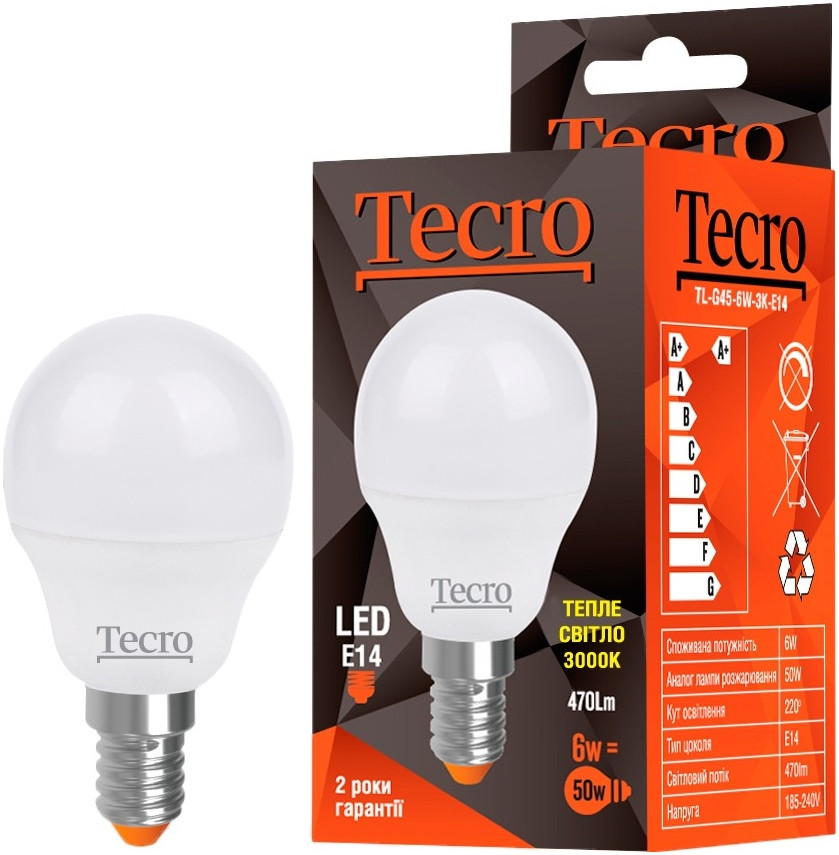 Лампочка Tecro TL G45 6W 3000K E14