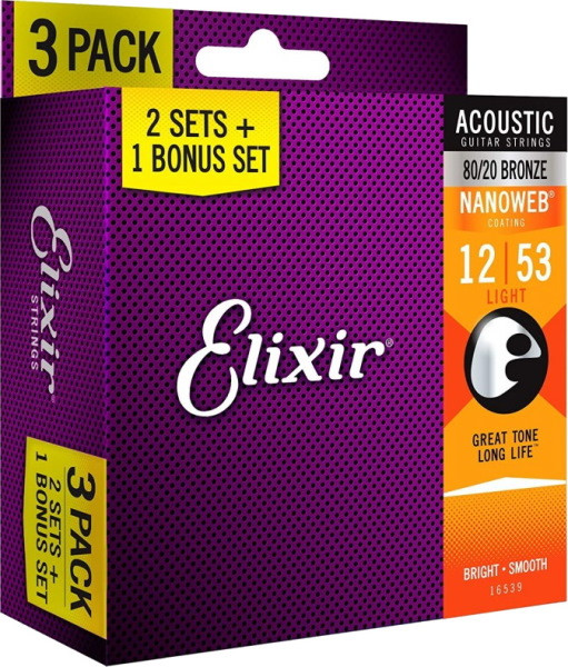 Струны Elixir Acoustic 80/20 Bronze NW Light 12-53 (3-Pack) (16539)