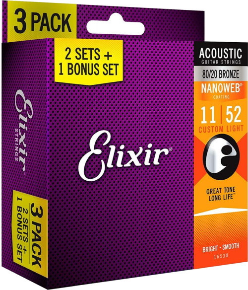 Струны Elixir Acoustic 80/20 Bronze NW Custom Light 11-52 (3-Pack) (16538)